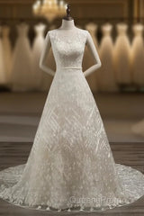 A-Line/Princess Scoop Sleeveless Tulle Applique Covered Button Court Train Wedding Dress