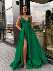 A-Line/Princess Spaghetti Straps Floor-Length Satin Prom Dresses With Leg Slit