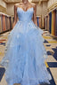 A-Line/Princess Spaghetti Straps Floor-Length Tulle Evening Dress With Appliques Lace
