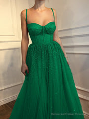 A-Line/Princess Spaghetti Straps Floor-Length Tulle Prom Dresses With Beading