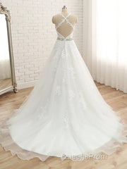 A-Line/Princess Spaghetti Straps Sleeveless Applique With Belt Tulle Floor-Length Wedding Dress
