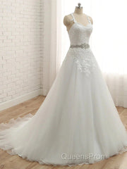A-Line/Princess Spaghetti Straps Sleeveless Applique With Belt Tulle Floor-Length Wedding Dress
