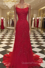 A-Line/Princess Spaghetti Straps Sweep Train Tulle Evening Dress With Appliques Lace