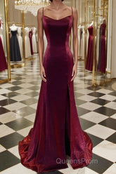 A-Line/Princess Spaghetti Straps Sweep Train Velvet Evening Prom Dress With Leg Slit
