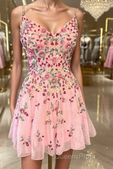 A-line/Princess Straps Short/Mini Lace Homecoming Dress with Appliques Lace