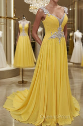 A-Line/Princess Straps Sweep Train Chiffon Evening Prom Dress With Beading
