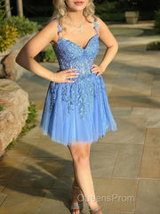 A-Line/Princess Sweetheart Corset Short/Mini Tulle Homecoming Dress With Appliques Lace
