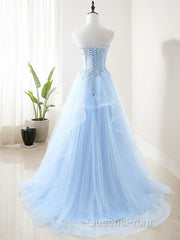 A-Line/Princess Sweetheart Sweep Train Tulle Evening Prom Dress With Appliques Lace