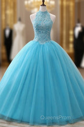 A-Line/Princess Tulle Appliques Lace Evening Prom Dress With Beading