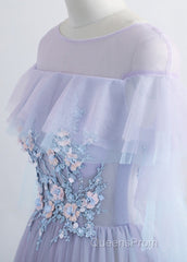 A-Line/Princess Tulle Jewel Floor-Length Evening Prom Dress With Beaded Lace Appliques