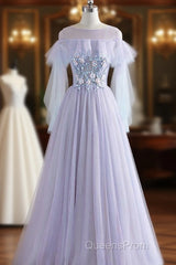 A-Line/Princess Tulle Jewel Floor-Length Evening Prom Dress With Beaded Lace Appliques