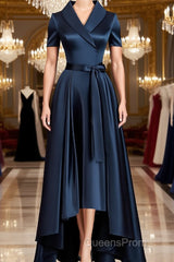 A-Line/Princess V-neck Asymmetrical Satin Mother of the Bride Dress With Belt/Sash