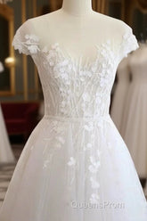 A-Line/Princess V-Neck Court Train Short Sleeves Applique Tulle Wedding Dress