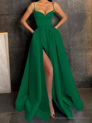 A-Line/Princess V-neck Floor-Length Satin Prom Dresses With Leg Slit