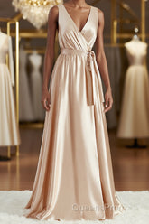 A-Line/Princess V-neck Floor-Length Silk like Satin Bridesmaid Dress with Belt/Sash