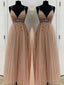 A-Line/Princess V-neck Floor-Length Tulle Prom Dresses With Beading