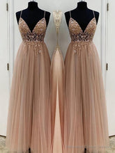 A-Line/Princess V-neck Floor-Length Tulle Prom Dresses With Beading