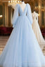A-line Princess V Neck Full/Long Sleeve Court Train Tulle Evening Prom Dress- Evening Prom Dress