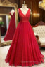 A-line Princess V Neck Long/Floor-Length Sparkly Tulle Evening Prom Dress With Appliqued Beading Glitter