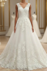 A-Line/Princess V-Neck Sleeveless Applique Tulle Floor-Length Wedding Dress