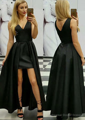 A-line/Princess V Neck Sleeveless Asymmetrical Satin Prom Dresses With Pleated