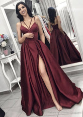 A-line/Princess V Neck Sleeveless Long/Floor-Length Elastic Satin Evening Dresses With Split Pleated