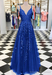 A-line/Princess V Neck Sleeveless Long/Floor-Length Tulle Prom Dresses With Appliqued