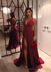 A-line/Princess V Neck Sleeveless Sweep Train Charmeuse Evening Dresses