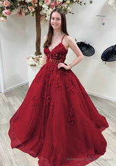 A-line Princess V Neck Sleeveless Sweep Train Tulle Prom Dresses With Appliqued Beading Lace