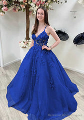 A-line Princess V Neck Sleeveless Sweep Train Tulle Prom Dresses With Appliqued Beading Lace