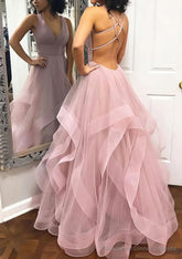A-line Princess V Neck Sleeveless Tulle Long/Floor-Length Prom Dresses With Pleated
