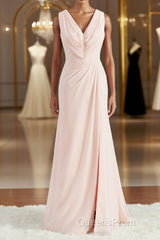 A-Line/Princess V-neck Sweep Train Chiffon Bridesmaid Dress