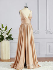 A-Line/Princess V-neck Sweep Train Jersey Bridesmaid Dress with Leg Slit