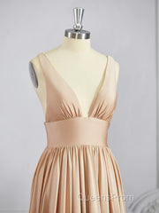 A-Line/Princess V-neck Sweep Train Jersey Bridesmaid Dress with Leg Slit