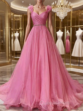 A-Line/Princess V-neck Sweep Train Organza Evening Prom Dress With Ruffles