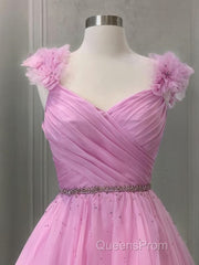 A-Line/Princess V-neck Sweep Train Organza Evening Prom Dress With Ruffles