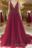 A-Line/Princess V-neck Sweep Train Tulle Evening Dress With Ruffles