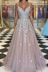 A-Line/Princess V-neck Sweep Train Tulle Evening Prom Dress With Appliques Lace