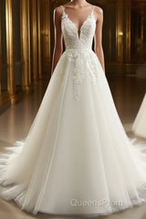 A-Line/Princess V-neck Sweep Train Tulle Wedding Dress With Appliques Lace