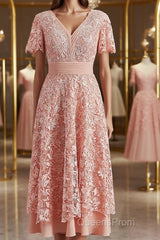 A-Line/Princess V-neck Tea-Length Chiffon Mother of the Bride Dress With Appliques Lace
