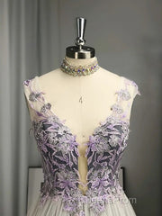 A-Line/Princess V-Neck Tulle Applique Sleeveless Floor-Length Evening Prom Dress