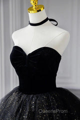 A-Line Evening Prom Dress Black Dress Dress Formal Birthday Floor Length Sleeveless Strapless Tulle With Ruched Sequin