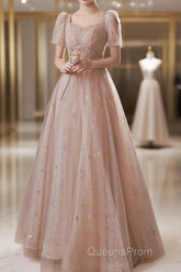 A-Line Evening Prom Dress Elegant Dress Engagement Evening Prom Floor Length Half Sleeve Square Neck Satin With Appliques