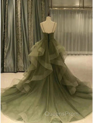 A-Line Evening Prom Dress Elegant Dress Formal Court Train Christmas Red Green Dress Sleeveless Spaghetti Strap Tulle With Pleats Ruffles