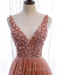 A-Line Evening Prom Dress Elegant Dress Party Wear Court Train Sleeveless V Neck Polyester With Pearls Embroidery