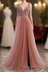 A-Line Evening Prom Dress Elegant Dress Party Wear Court Train Sleeveless V Neck Polyester With Pearls Embroidery