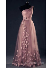 A-Line Evening Prom Dress Elegant Dress Wedding Floor Length Sleeveless One Shoulder Tulle With Appliques