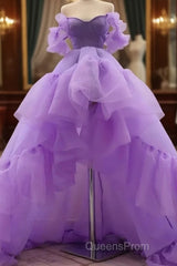 A-Line Evening Prom Dress High Low Dress Quinceanera Asymmetrical Purple Short Sleeve Off Shoulder Tulle With Tier