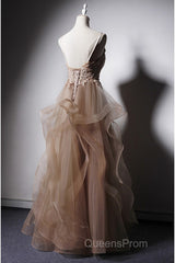 A-Line Evening Prom Dress Open Back Dress Formal Wedding Party Floor Length Sleeveless Spaghetti Strap Lace With Ruffles Appliques