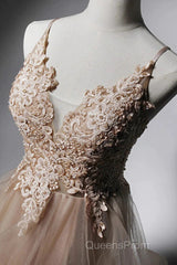 A-Line Evening Prom Dress Open Back Dress Formal Wedding Party Floor Length Sleeveless Spaghetti Strap Lace With Ruffles Appliques